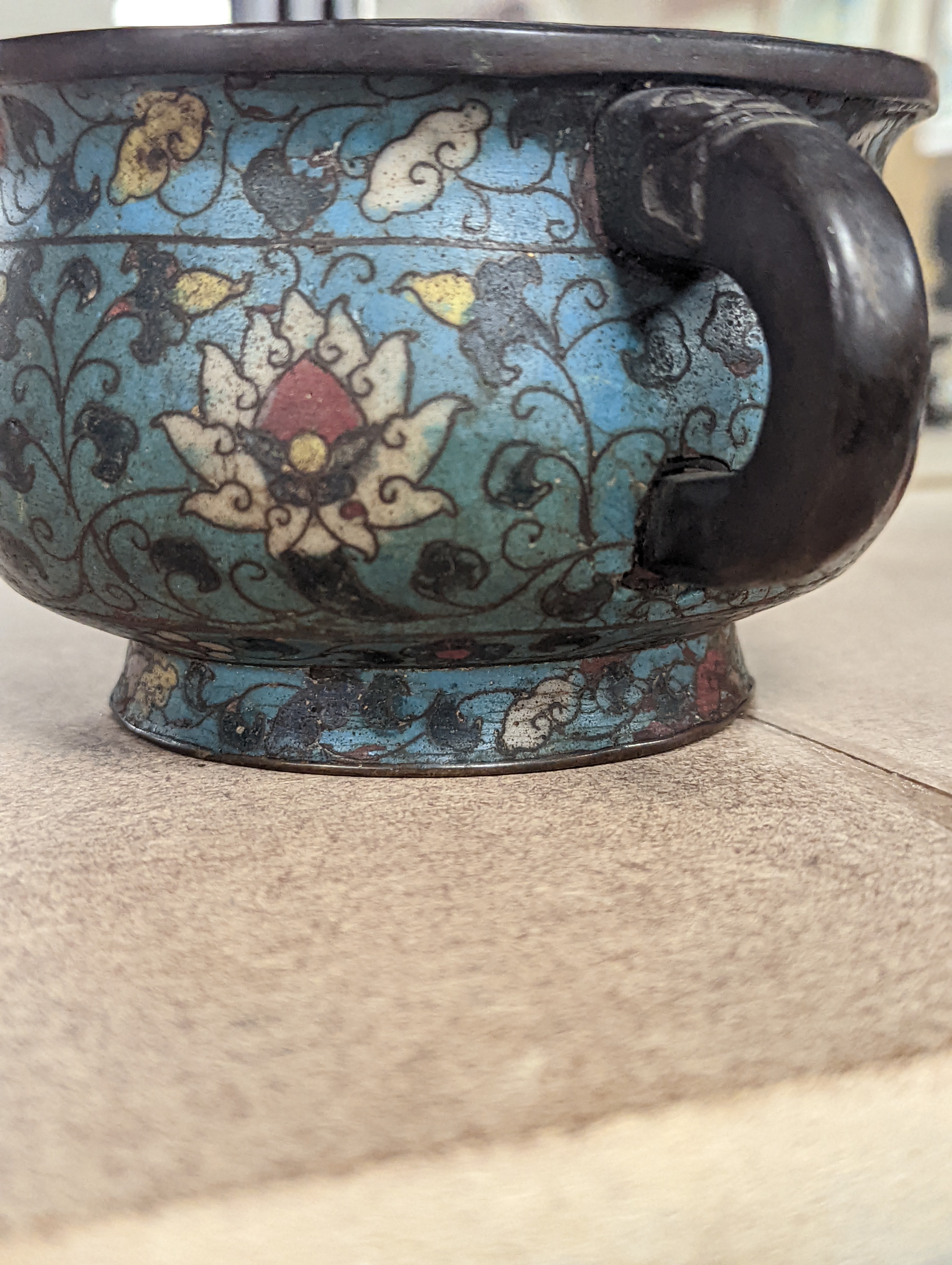 A Chinese late Ming dynasty bronze and cloisonné enamel ding censer 18cm